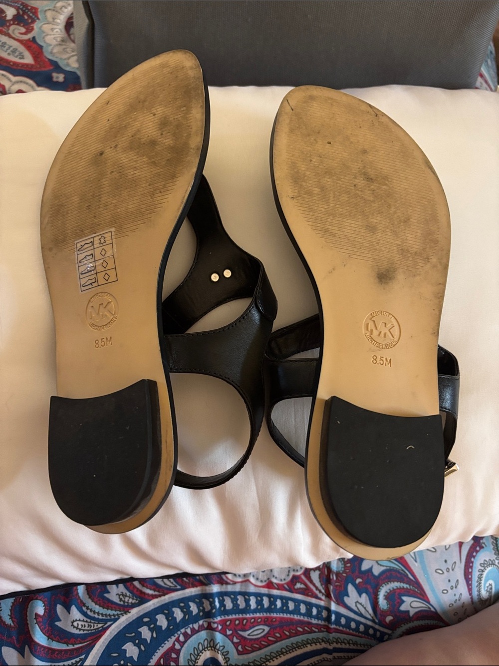 Michael Kors Black T-Strap Sandals with Gold MK Medallion - Picture 2 of 3